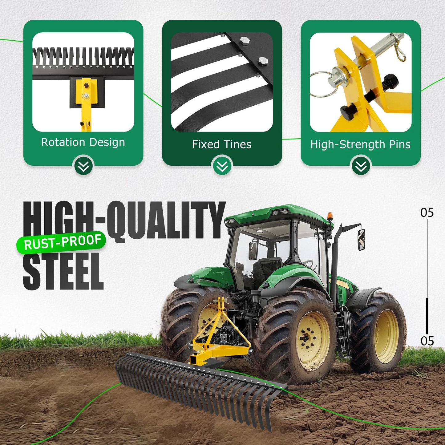 3 Pt 60'' Landscape Rock Rake Soil Gravel Lawn for Cat 1 Campact Tractor Heavy