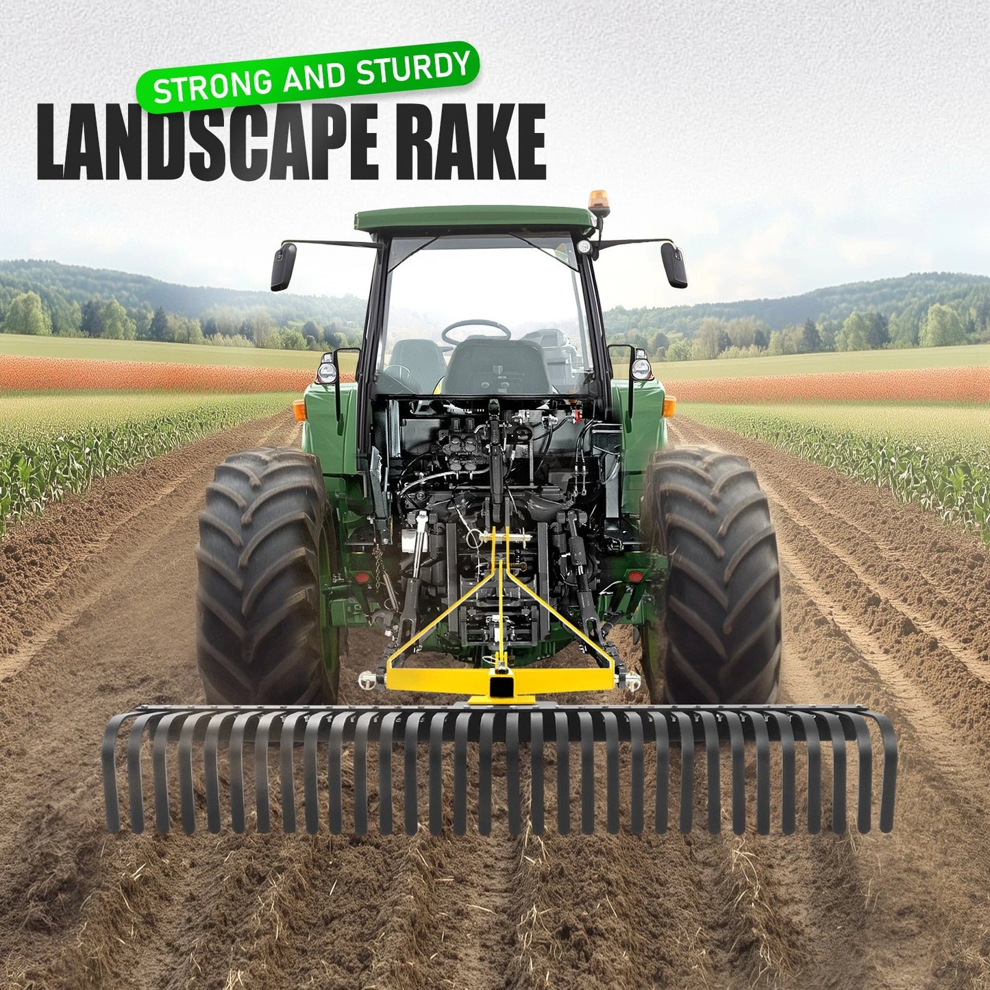 3 Pt 60'' Landscape Rock Rake Soil Gravel Lawn for Cat 1 Campact Tractor Heavy