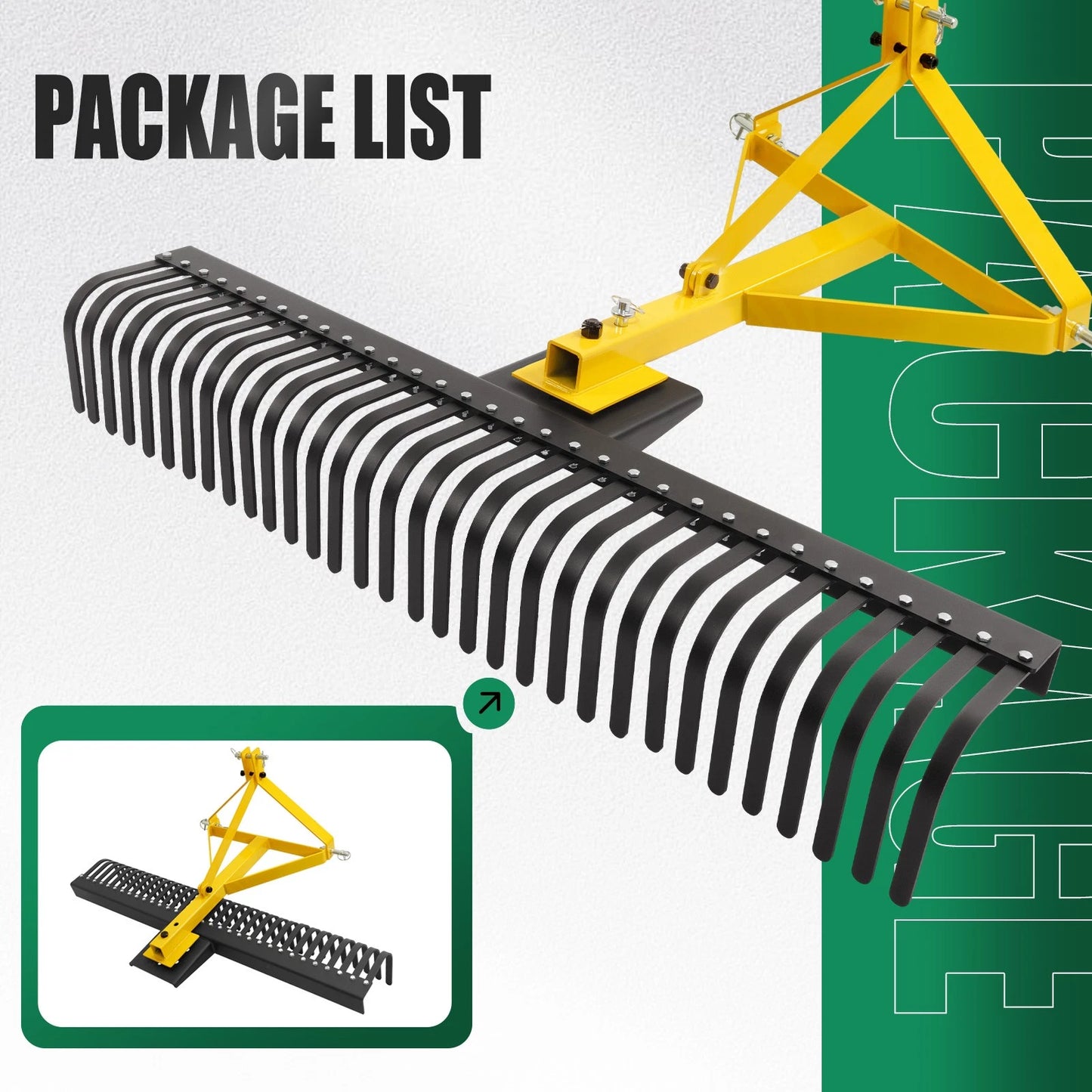 3 Pt 60'' Landscape Rock Rake Soil Gravel Lawn for Cat 1 Campact Tractor Heavy