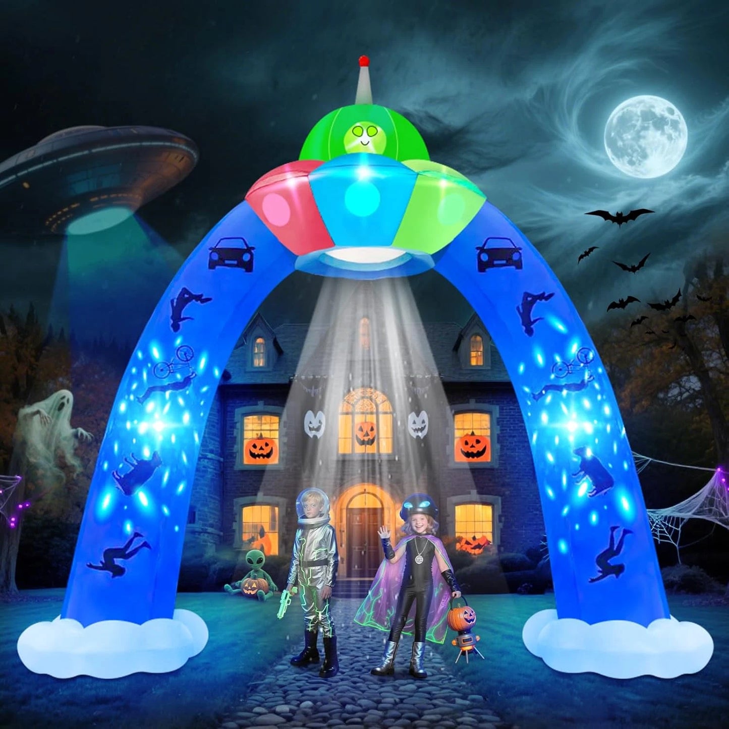 12.5FT Halloween UFO Archway Inflatable with Blue Flashing Lights, Giant Alien Blow Up Outdoor Yard Decoration