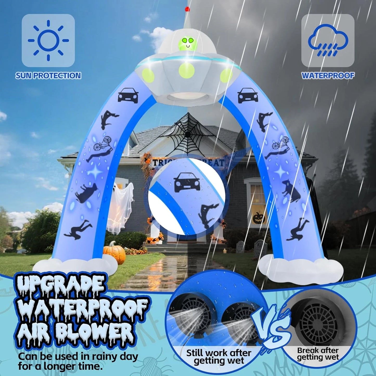 12.5FT Halloween UFO Archway Inflatable with Blue Flashing Lights, Giant Alien Blow Up Outdoor Yard Decoration
