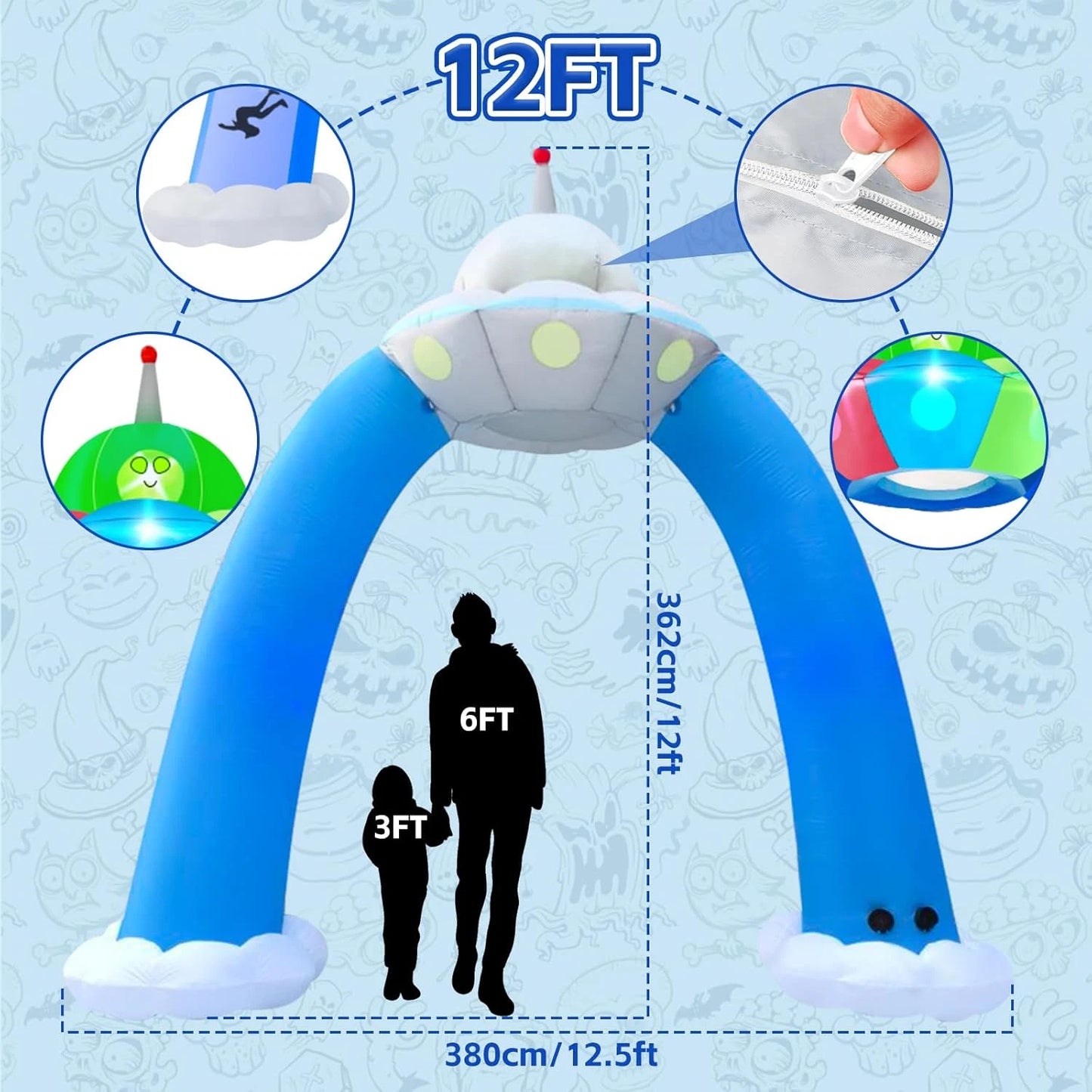 12.5FT Halloween UFO Archway Inflatable with Blue Flashing Lights, Giant Alien Blow Up Outdoor Yard Decoration