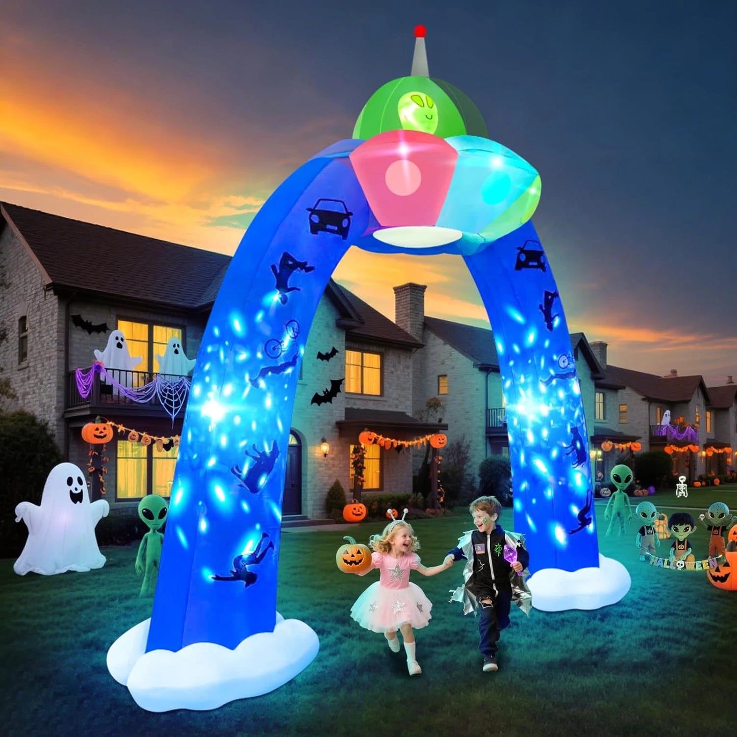 12.5FT Halloween UFO Archway Inflatable with Blue Flashing Lights, Giant Alien Blow Up Outdoor Yard Decoration