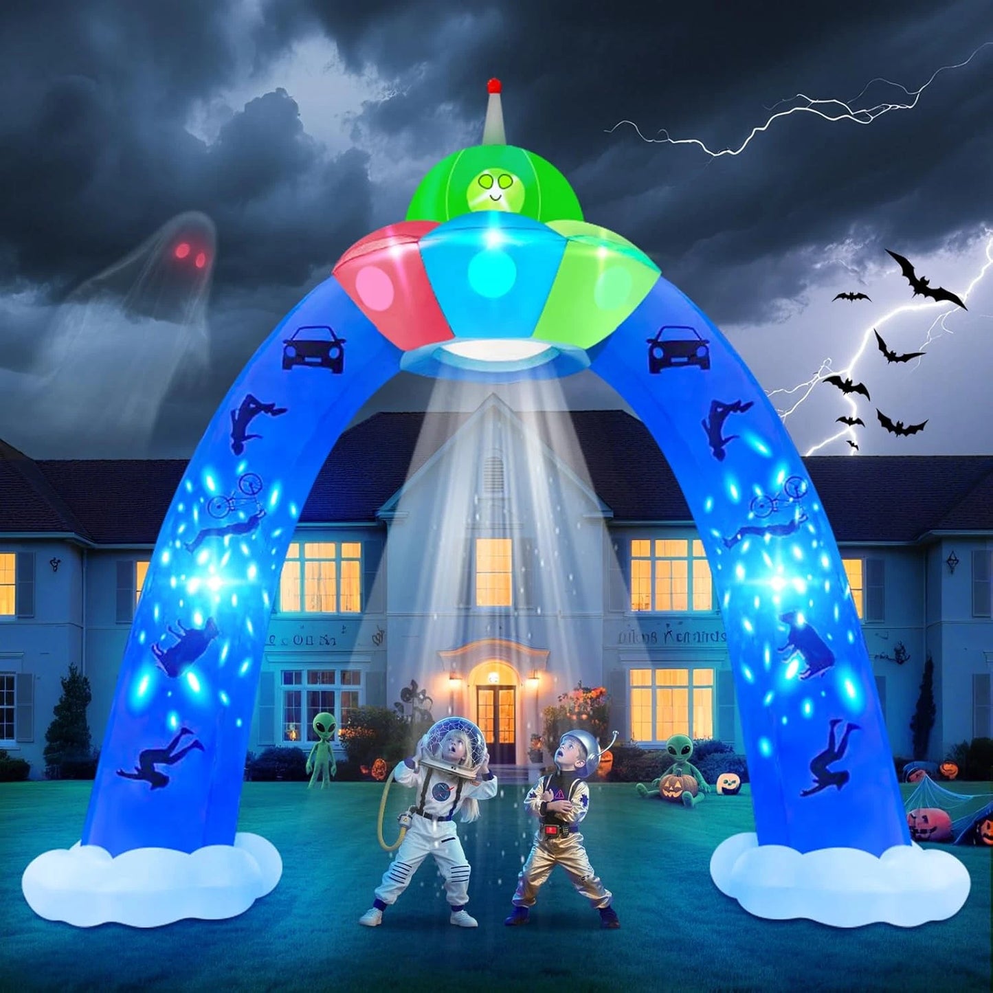 12.5FT Halloween UFO Archway Inflatable with Blue Flashing Lights, Giant Alien Blow Up Outdoor Yard Decoration