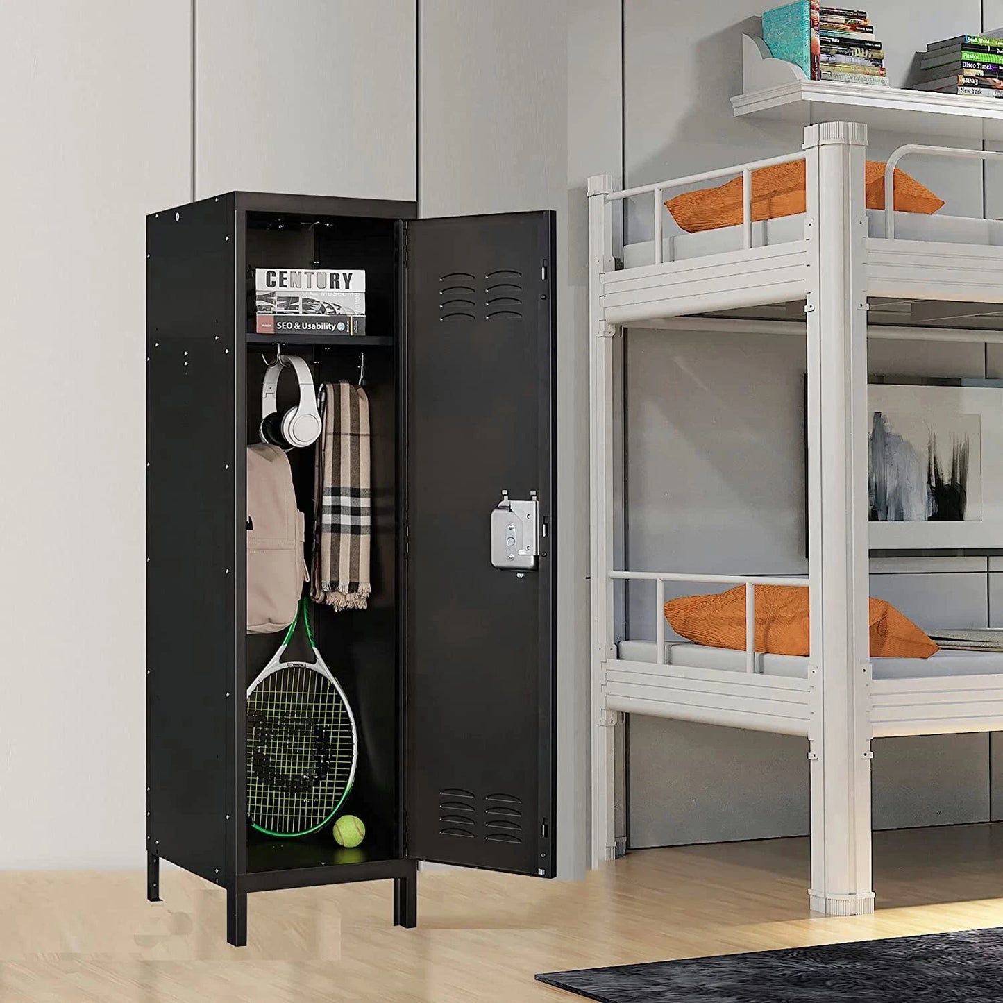 Metal Locker Steel Storage 55" Storage Cabinet Retro Wardrobe with Lockable Door